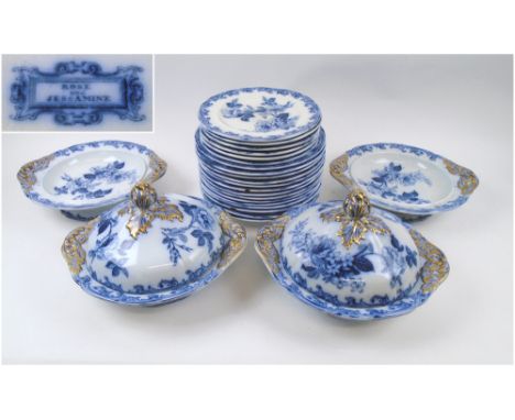 WEDGWOOD PART DINNER SERVICE, 19th century blue/white 'Rose and Jessamine' pattern, including fourteen dinner plates and two 