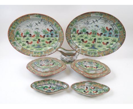 CHINESE DINNER WARES, late 20th century famille verte ceramic, comprising serving platters, sauce boat and tureens. (7)