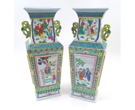 CHINESE CERAMIC VASES, a pair, of shaped rectangular form, decorated figurative panels in colours, each 43cm H. (2)