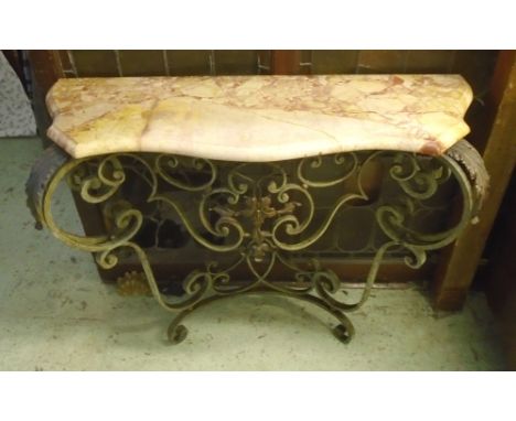 CONSOLE HALLWAY TABLE, early 20th century serpentine scroll foliate wrought iron with variegated marble top, 110cm W x 44cm D