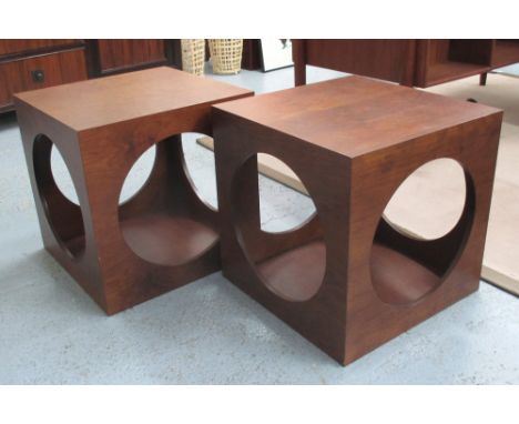 LAMP TABLES, a pair, hardwood with open circular design, 45cm x 45cm. (2)