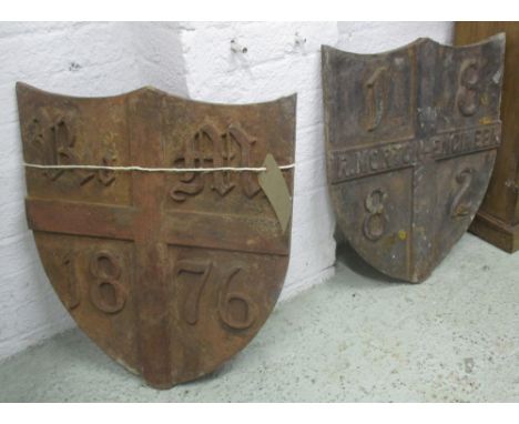 WALL SHIELDS, cast iron from Battersea Power Station Gas Works, one embossed '1876 R.M.' the other '1882 R. Morton Engineer',