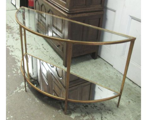 DEMI-LUNE CONSOLE TABLE, two tier gilt metal framed with glass tops, 126.5cm W x 76cm H x 43.5cm D.