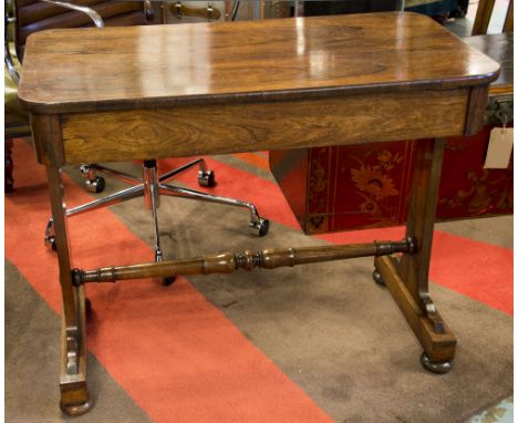 LIBRABY TABLE, Regency rosewood rounded rectangular with frieze drawer and twin pillar trestle supports, 89cm W x 46cm D x 73