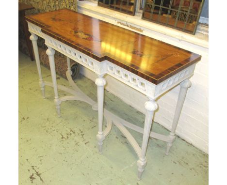 SHERATON REVIVAL CONSOLE TABLE, satinwood and crossbanded, with white painted base and top painted with floral swag detail, 1