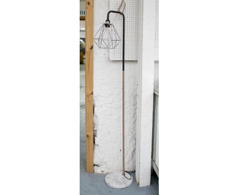 INDUSTRIAL DESIGN STANDARD LAMP, the copper tubular stem on white marble base with chrome geometric shade. 