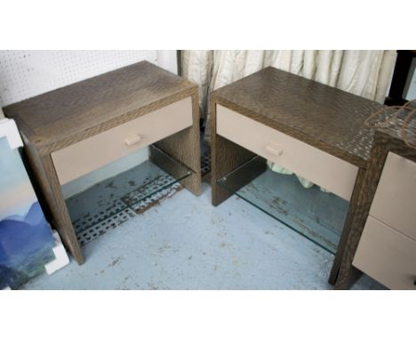 PHILIPPE HUREL SIDE TABLES, a pair, with drawer and shelf below in scalloped wooden surround, 69cm x 40cm x 69cm H. (2)