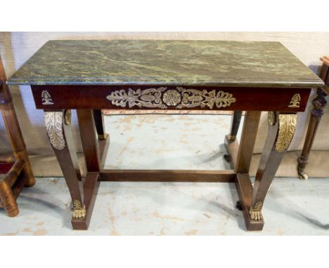 CONSOLE TABLE, Empire style mahogany and brass mounted with green marble top and mirrored back, 84cm H x 106cm W x 43cm D. (w