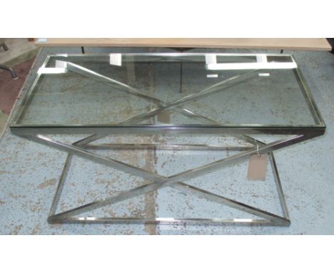 CONSOLE TABLE, rectangular glass and 'x' frame chrome support, 110cm x 50cm x 59cm H.