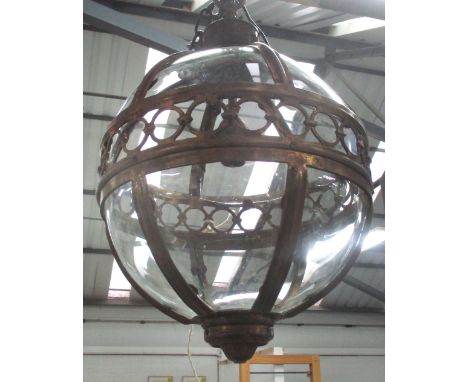 HANGING LAMP, globular in a bronzed frame, 41cm diam. plus chain.