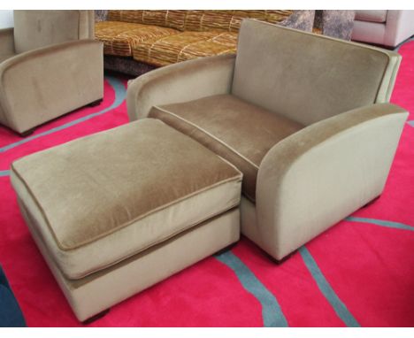 SOFA, small two seater, in beige on square supports, 129cm L with footstool, 80cm x 80cm x 43cm. (2)