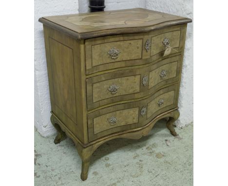 COMMODE, early 20th century Italian serpentine bleached walnut, burr walnut and line inlaid with three long drawers, 85cm x 4