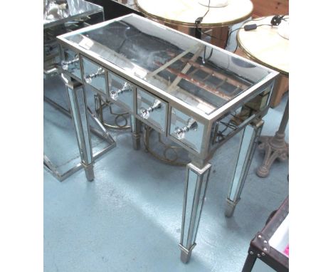MIRRORED CONSOLE TABLE, with drawer below on square supports, 75cm L x 40cm D X 81cm H. 