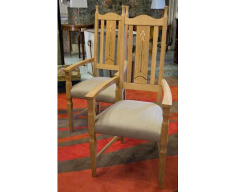 OPEN ARMCHAIRS, a pair, light oak and inlaid with Art Nouveau motifs above taupe linen seats, 54cm W. (2)