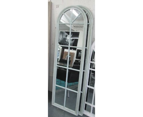 WINDOW MIRRORS, a pair, architectural style, in distressed effect grey painted frame, 192cm x 60cm. (2)