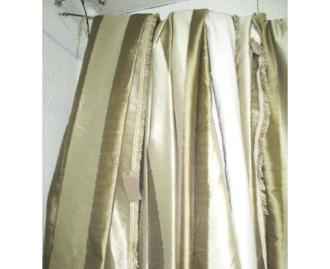 CURTAINS, three pairs, broad olive coloured stripes, lined and interlined, one pair each curtain approx 150cm W gathered, two