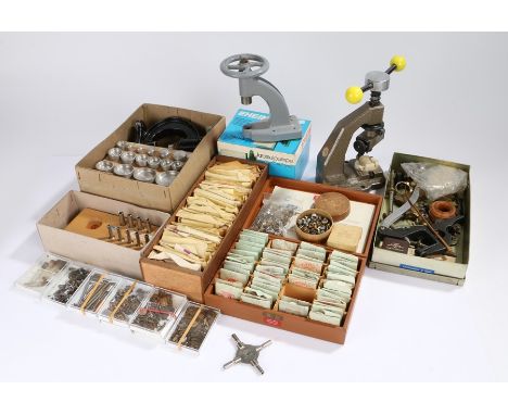 Watch parts and tools, to include case opener, presses, cogs, National U-B fitting tool etc. (qty)