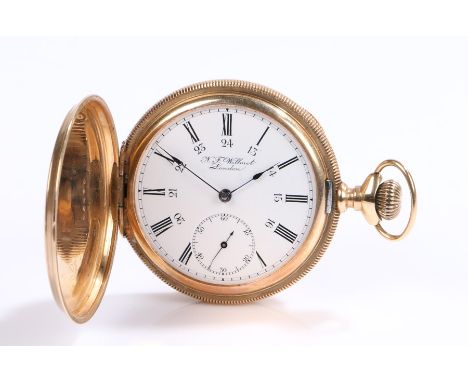 N.F. Wilmot 14 carat gold hunter pocket watch, the engine turned case with acanthus leaf decorated monogrammed cartouche, the