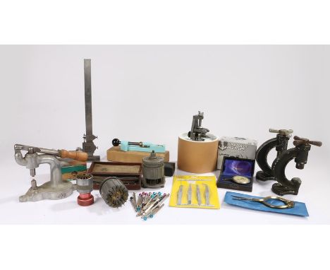 Watchmaker's tool and accessories, to include crystal lifters, watch bracelet pin remover, OVA watch press, eyeglasses, screw
