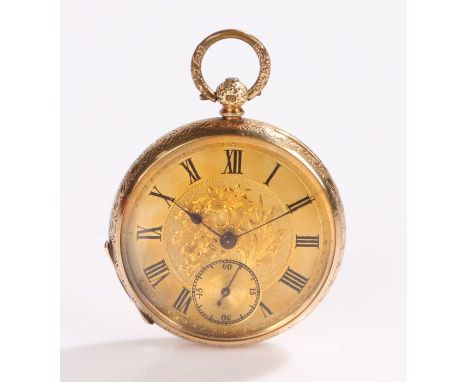 14 carat gold open face pocket watch, the gilt dial with Roman numerals, subsidiary seconds dial and foliate central boss, th