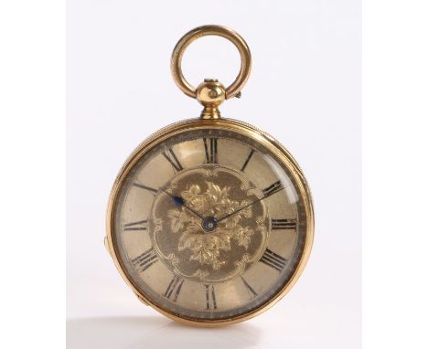 18 carat gold open face pocket watch, the gilt dial with Roman numerals and foliate central boss, the case with engine turned