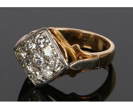 18 carat gold diamond cluster ring, with nine round cut diamonds to the head, ring size P.  