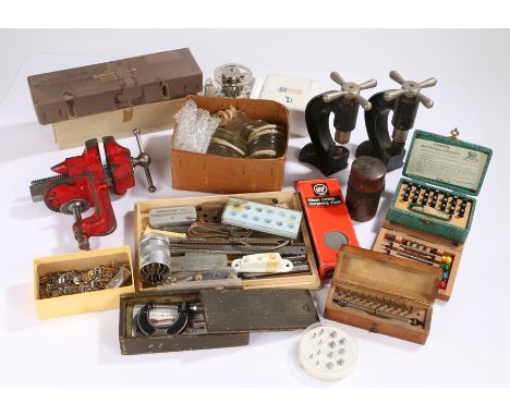 Watch parts and tools, to include two presses, vice, pocket watch glasses etc. (qty)