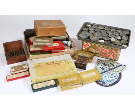 Watch parts and accessories, to include cogs, crowns, springbars, dials, stems, staking tools etc. (qty)
