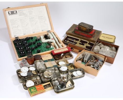 Watch parts and tools, to include dials, movements, Sternkreuz watch glass fitting press etc. (qty)