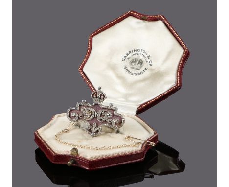 Fine diamond and guilloche enamel brooch, the brooch with a crown above the initials GMR upon purple enamel and  scroll diamo