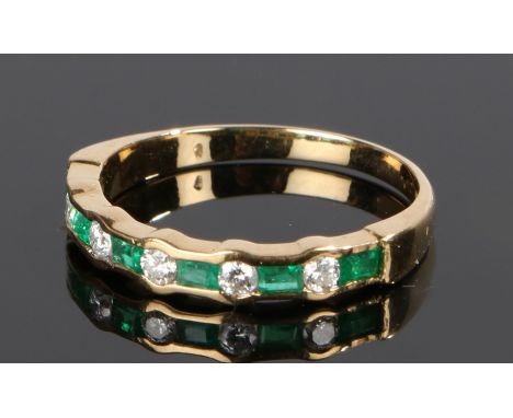 18 carat gold diamond and emerald half eternity ring, with baguette cut emeralds and round cut diamonds, ring size M 1/2