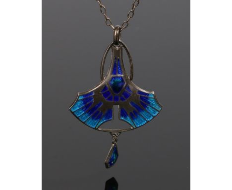 Charles Horner silver and enamel pendant necklace, Chester 1919, in the Secessionist style with a blue fan and drop design, 3