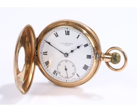 J.W. Benson 9 carat gold half hunter pocket watch, the exterior with blue enamelled Roman numerals, the signed white dial wit