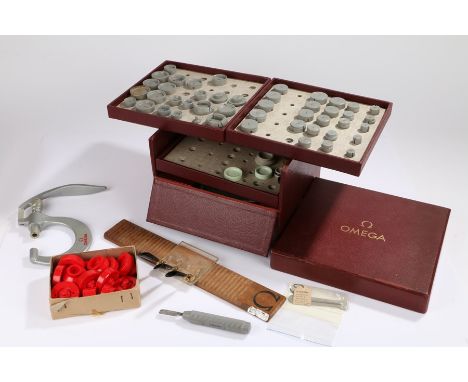 Omega watch crystal and glass press set, housed in a red leatherette case, omega glass press and accessories, Omega workshop 