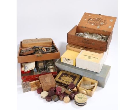 Watchmakers tools, parts and accessories, to include watch glasses, cases, pliers, lathe accessories etc. (qty)