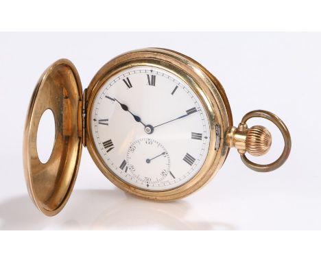 Gold plated half hunter pocket watch, the outer case with blue enamel Roman numerals, the white dial with Roman numerals and 