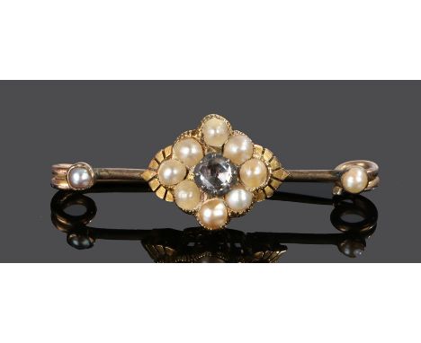 Victorian diamond and pearl set brooch, the central rose cut diamond with a pearl surround, further pearls set to the bar end