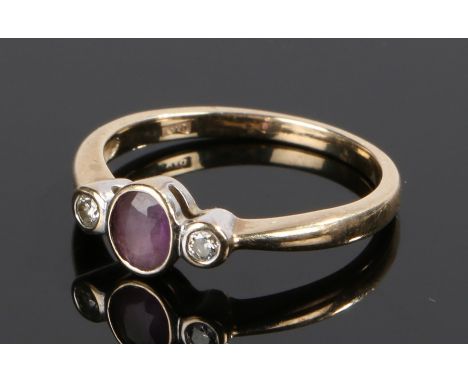 9 carat gold amethyst and diamond three stone ring