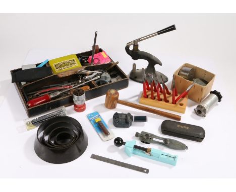 Watchmaker's tool and accessories, to include Vigor crystal lifter, BCL watch press, wooden pliers stand containing six pairs