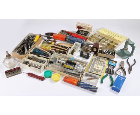 Watchmaker's tool and accessories, to include case of clock screws, nuts and washers, micrometer, pliers, cases containing wa