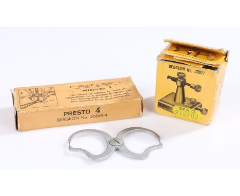 Bergeon No. 30071 roller remover, housed in cardboard box, Bergeon No. 30669/4 presto No. 4 for removing hands of alarm clock