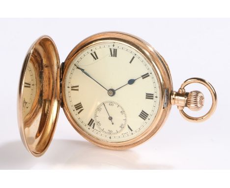 9 carat gold hunter pocket watch, the white enamel dial with Roman numerals and subsidiary seconds dial, the caseback monogra