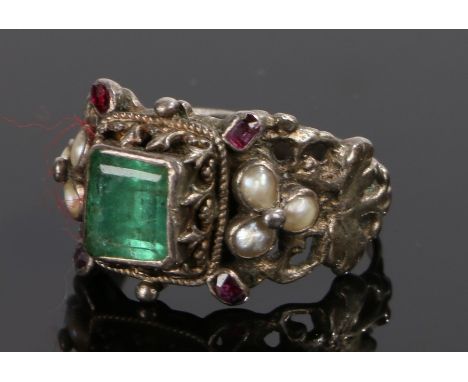 Silver ring, with a central green stone with garnets and pearls surround, ring size R