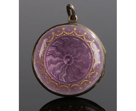 Guilloche enamel pendant locket, in purple with gilt swags, 32mm diameter 