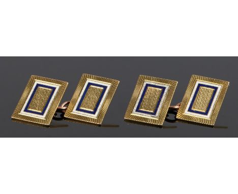 Pair of 18 carat gold and enamel cufflinks, engine turned with blue and white enamel decoration, 7.8 grams