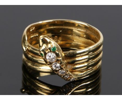 18 carat gold diamond set snake ring, the coiled snake with five diamonds to the head, ring size Q