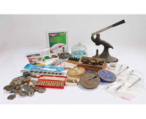 Watchmaker's tool and accessories, to include watch case openers, watch crowns in various sizes, OVA watch press, screwdriver