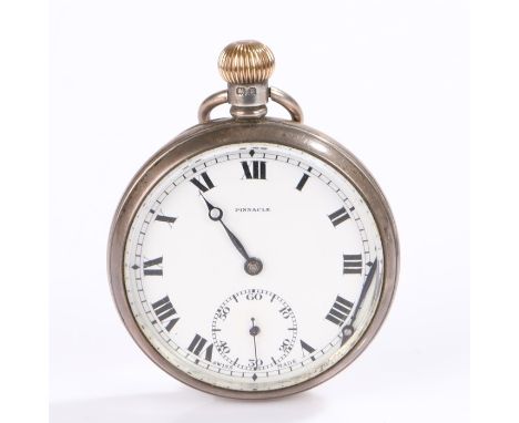 Pinnacle silver cased open face pocket watch, the signed white dial with Roman numerals and subsidiary seconds dial, engine t