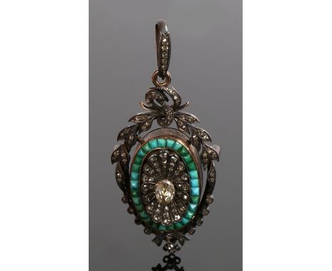 Victorian diamond and turquoise pendant, the central rose cut diamond at an estimated 0.27 carat with diamonds set to the sur