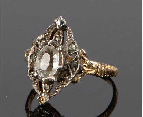 18 carat gold ring, set with stones to the head and engraved shoulders, ring size O